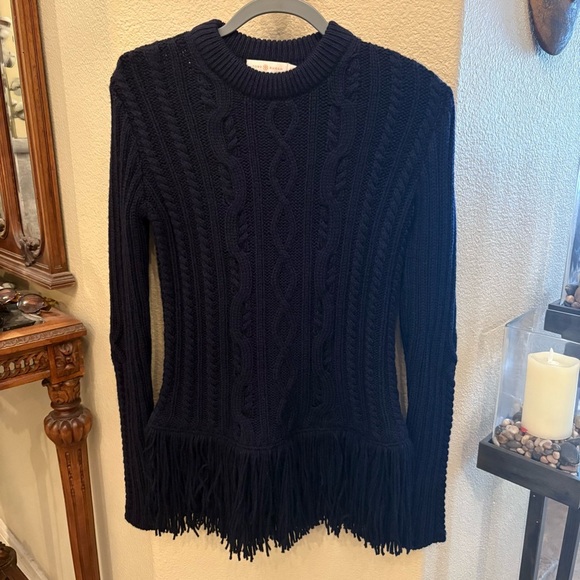TORY BURCH Women Valero Navy Wool Blend Cable Knit Sweater Fringe Hem Size Small - Picture 1 of 5